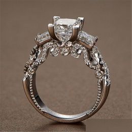 Solitaire Ring Vintage Princess Cut Lab Diamond 925 Sterling Sier Engagement Wedding Band Rings For Women Bridal Fine Party Jewelry Dhsco