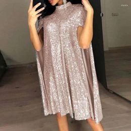 Casual Dresses Winter Fashion Loose Sequined Dress Women Stand Collar Cloak Sleeve Elegant Mini A-line