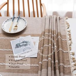 Pads Brown Cotton Linen Tablecloths Wrinkle Free AntiFading Tablecloth for Dining Table Tassel Rectangle Thick Table Cover Decor