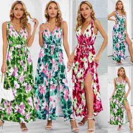 Basic Casual Dresses Bohemian printed dress summer new women's sleeveless V-neck slit dress Plus Size Dress