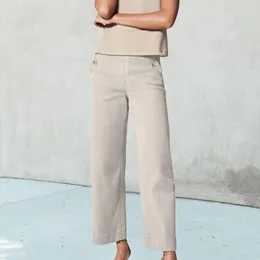 Women's Pants Pure Color Straight High Waist Zipper Button Slanted Pocket Ankle-Length Cropped Summer Temperament Office