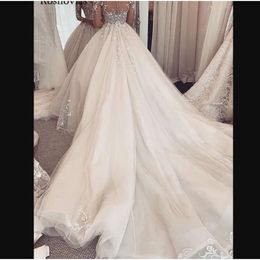 Sukienki Wspaniała suknia ślub ślubny Bridal długie rękawy koronkowe aplikacje Kaplica pociąg pociągowy Tiul Tiul Country Beach Prezentowani przyciski tylne vestido de novia