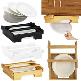 Kitchen Storage 10-Inch Bamboo Under Cabinet Plates Holder Countertop Paper Plate Disposable Tray Dispenser For Counter