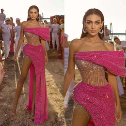 Prom Sequins Mermaid Sleeveless Gorgeous Strapless Dresses Beads High Split Backless Layered Floor Length Custom Made Party Dress Vestido De Noite