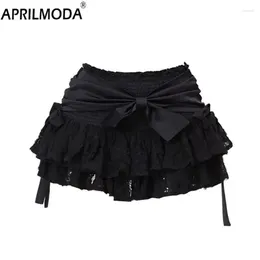 Skirts Black Bow High Waisted Fluffy Skirt Women's Cake Hole Lace Irregular Hem Shorts Korean Fashion Kawaii Sweet Mini