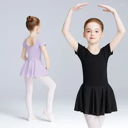 Stage Wear Girls Ballet Dress With Lining Toddlers Kids Leotard Gymnastic Skirt Short Sleeves Dance Closed Crotch