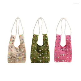 Totes E74B Creative Hollow Out Knitted Small Handbag For Women Summer Fashion Beaded Chain Underarm Bags Girls Casual Bucket Bag