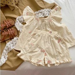 Clothing Sets Girls Kids Clothes 2024 Summer Flowers Embroidery Cotton O-neck Vest Top Ruched Shorts Pastorale Style Two-piece Set