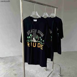 Rhude High end designer clothes for Vacation Beach Coconut Tree Print Loose Print Short sleeved Tshirt Black Pure Cotton Mens and Womens Loose Fashion Summer With 1:1
