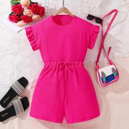 Clothing Sets 2024 Summer Child Clothes Short Sleeve Ruffles T-shirt Rose Red Shorts 2 Piece Designer Girls 8-12T