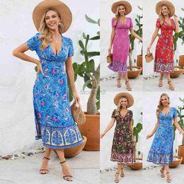 Basic Casual Dresses Designer Dress Sexy short sleeved V-neck dress Bohemian beach floral dress for women summer temu tiktok explosive Plus Size Long skirt