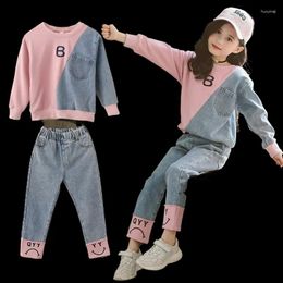 Clothing Sets Baby And Girls Cotton Contrast Patchwork Alphabet Sweatshirt Denim Pant Workout Set School Kids Tracksuit Child Outfit 3-14