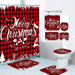 Curtains Merry Christmas Tree 3D Printing Shower Curtain Polyester Waterproof Red Floor Mat Toilet Set Bath Accessories Mildew Proof