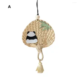 Decorative Figurines Hanging Panda Fan Ornament Embroidery Cattail Leaf Decoration With Faux Pearl Chain Car Rearview Mirror