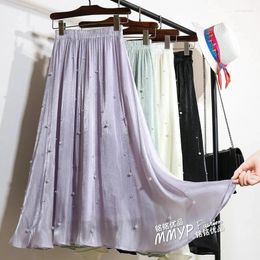 Skirts 2024 Elegant Sweet Purple Pearl Flowing Light Yarn Skirt Spring Summer Women's Elastic High Waist Organza