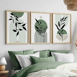 ych Bohemian Green Wall Art Geometric Minimalism Leaf Abstract HD Canvas Poster Printing Home Bedroom Living Room Decorative Gifts J240505
