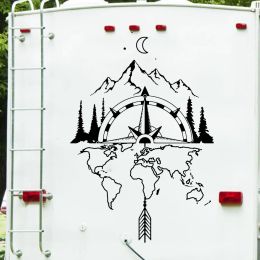 Çıkartmalar Dünya Haritası Pusula Kampası RV Duvar Sticker Seyahat Dağ Ay Ormanı Ok Motor Motorum SUV Macera Duvar Çıkışı Kamp Vinil