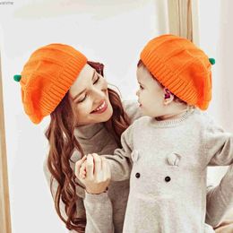 Caps Hats Autumn and winter parents and childrens hats Halloween pumpkin beret knitted baby hat mother and children soft beret gift for boys and girls WX
