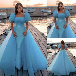Klänningar 2021 Sky Blue Prom Overkirt Tulle Backless Sparkly paljetter Korta ärmar Custom Made Formal Evening Party Gown Celebrity Vestidos