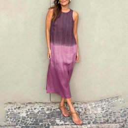 Casual Dresses Women's Cotton And Linen Sleeveless Slit Gradient Tie Dye Long Dress