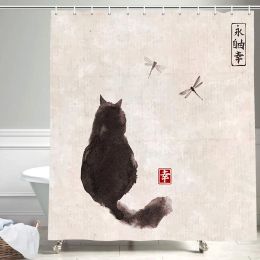 Set Asian Style Traditional Japanese Ink Painting Shower Curtain,Black Cat Watching Dragonflies on Vintage Fabric Bathroom Curtains