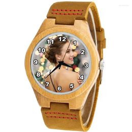 Wristwatches A3315w Custom Logo Watch Print With Your Own Po Natural Wood Bamboo Clock Hand Made Gift For Girl Women Female Wristwatch