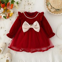 Dresses Newborn Baby Princess Dress Autumn Winter Long Sleeve Bow Cotton Dress Baby Girl Warm Mesh Birtday Dress