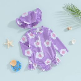 Swimwear Cute Ruffle Long Sleeve Kids Girls Swimwear Jumpsuit Infant Beachwear with Hat Princess Flower Print Zipper Baby Bathing Suit