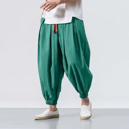 Cotton Linen Harem Pants Men Solid Elastic Waist Streetwear Joggers Baggy Drop-crotch Casual Trousers 240429