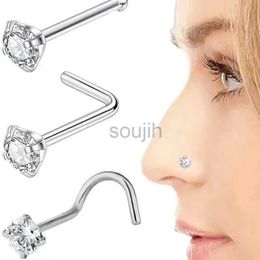 Body Arts 1PC 20G Surgical Steel Zircon L Shape Nose Stud Piercing Earring Silver Color 4 Prong Nostril Nose Rings Piercing Body Jewelry d240503