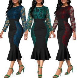 Dresses vestidos Dresses For Women 2021 Elegant Lace Patchwork Color Block Long Sleeve Fishtail Hem Bodycon Midi Dresses Party
