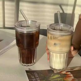 Tumblers 460ml Glass Cup With Lid and Straw Stripe Transparent Drinking Glasses Ice Coffee For Juice Milk Tea Mug Water Drinkware H240506