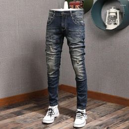 Men's Jeans Fashion Vintage Men Retro Washed Black Blue Elastic Stretch Slim Fit Ripped Spliced Designer Denim Pants Hombre