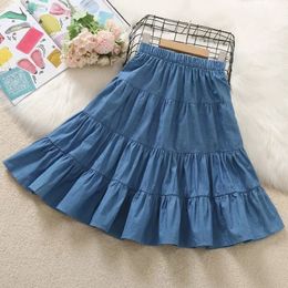 Girls Denim Skirts Summer Patchwork Kids Cotton Cake Skirts Ruffles Pleated A-Line Midi Skirts for Girls 240419