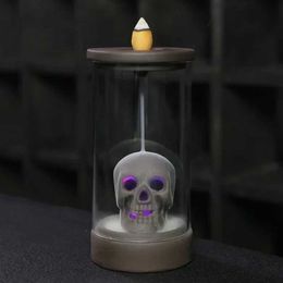 Fragrance Lamps 1pc Ceramic Windproof Waterfall Backflow Led Skull Incense Burner Home Office Tea House Decorate Halloween Skull Decoration T240505