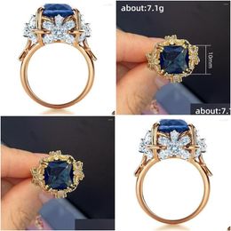 Wedding Rings Luxury Female Big Square Blue Zircon Ring Gold Color For Women Charm White Stone Flower Engagement Jewelry Drop Deliver Dhnvg