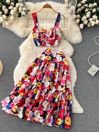 Work Dresses Summer Idyllic Women's Set Blending Printed Short Camisole Pleated Knee-length Skirt Sets Casual Ruffles Ladies Vacation Suits