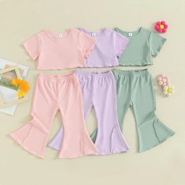 Clothing Sets 1-5Years Little Girls Summer Pants Set Solid Color Ribbed Short Sleeve Round Neck T-Shirt Tops With Flare Trousers 2pcs