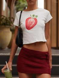 Women's T Shirts Women Crop Tops Strawberry Print Short Sleeve Round Neck Casual T-Shirts Summer Slim Fit Streetwear