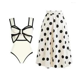 Black And White One Piece Swimsuit With Skirt Women 2024 Bow-tie Decor Vintage Swimwear One-Piece Slim-fit Beach Dress