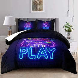 Duvet Cover Gamer Twin, Sets Twin Size, bedding set Neon Purple Blue Comforter Video Game Contoller Gaming Room Decor, Gamepad Bedding Set for Boys