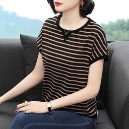 Women's T-Shirt Retro Plus Size Striped Top T-shirt Summer New Short sleeved O-neck Loose Full Matching Casual T-shirtL2405