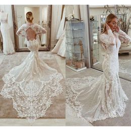 أحدث الفساتين الأكمام 2021 Long Mermaid Lace Hexy Deep V DEEP NECK BACKLOND SWEER TRAIN CASTER CHAPEL FERTIDO VESTIDO ESTIDO