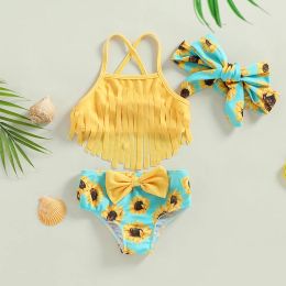 Swimwear 27Y Kids Bikini Set Girls Swimwear 2023 Summer Tassel Sling Sunflower Print Bow Bathing Suits Children Beachwear Baby Swimsuits