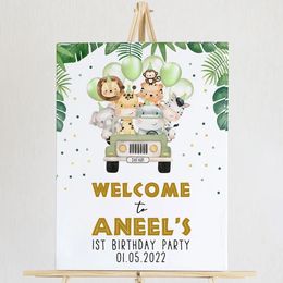 Birthday Welcome Sign Custom Poster Jungle Safari Animals Art Print Nordic Canvas Painting Personalized Wall Picture Party Decor 240506