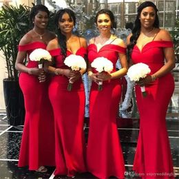Mermaid Dresses Red Spaghetti Bridesmaid Straps Ruched Off The Shoulder Floor Length Maid Of Honor Gown Beach Wedding Wear Vestidos