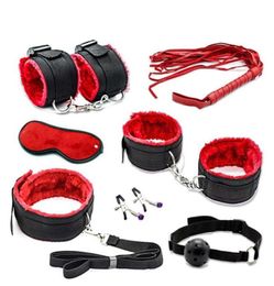 New Sexy 7 PcsSet Kit Fetish Sex Bondage Sex Toys for Couples Nipple Clamps Foot Handcuff Ball Gag Whip Collar Eye mask6174018