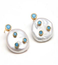 GuaiGuai Jewelry Natural Freshwater Cultured White Coin Pearl Turquoise Blue Cz Pave Gold Plated Stud Earrings For Women1358181
