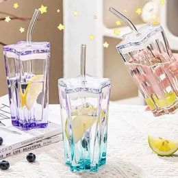 Tumblers 1set Glass Cup with Straw and Lid Five-Pointed Star Colour Gradient Mug Cold Drink Ice Coffee Drinkware Desktop Decor H240506