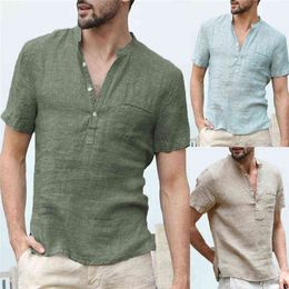 Men's Flax Linen T-Shirt Casual V-Neck Button Down T-Shirts Slim Fit Cotton Linen Short Sleeve Basic Top Male Breathable Y220214 221j
